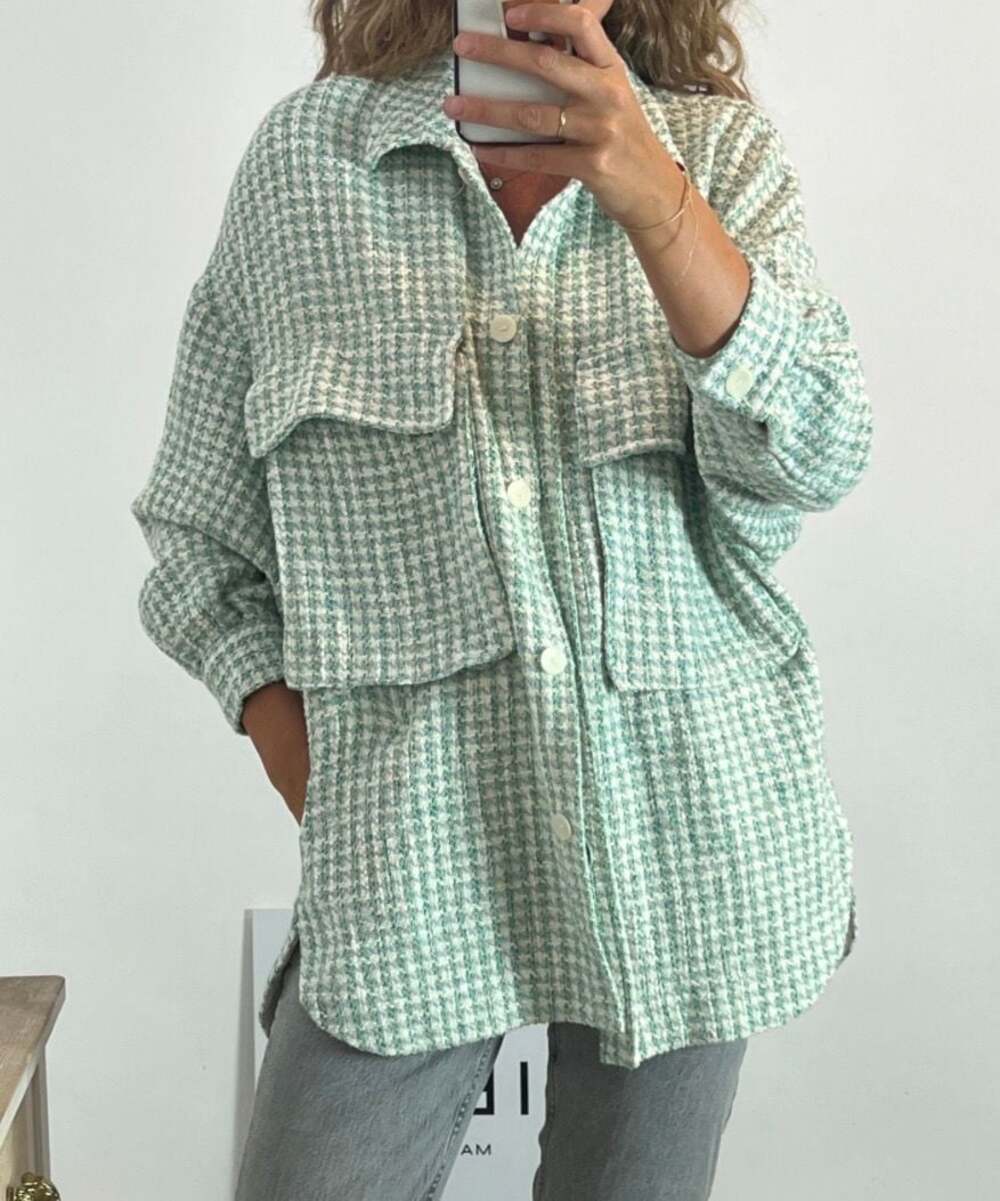 Zara Green and White Houndstooth Tweed Shacket Shirt Jacket